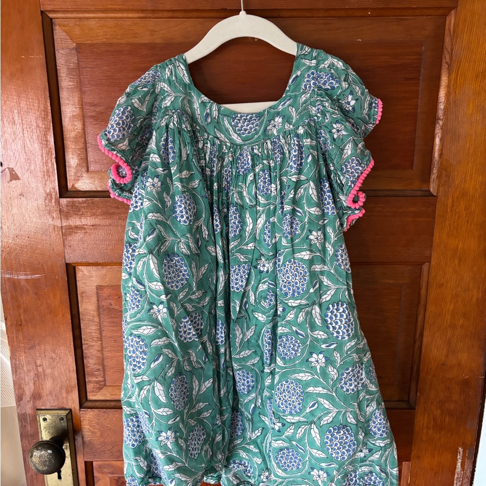 Green Floral Smocked Short Sleeve Dress with Pink Trim